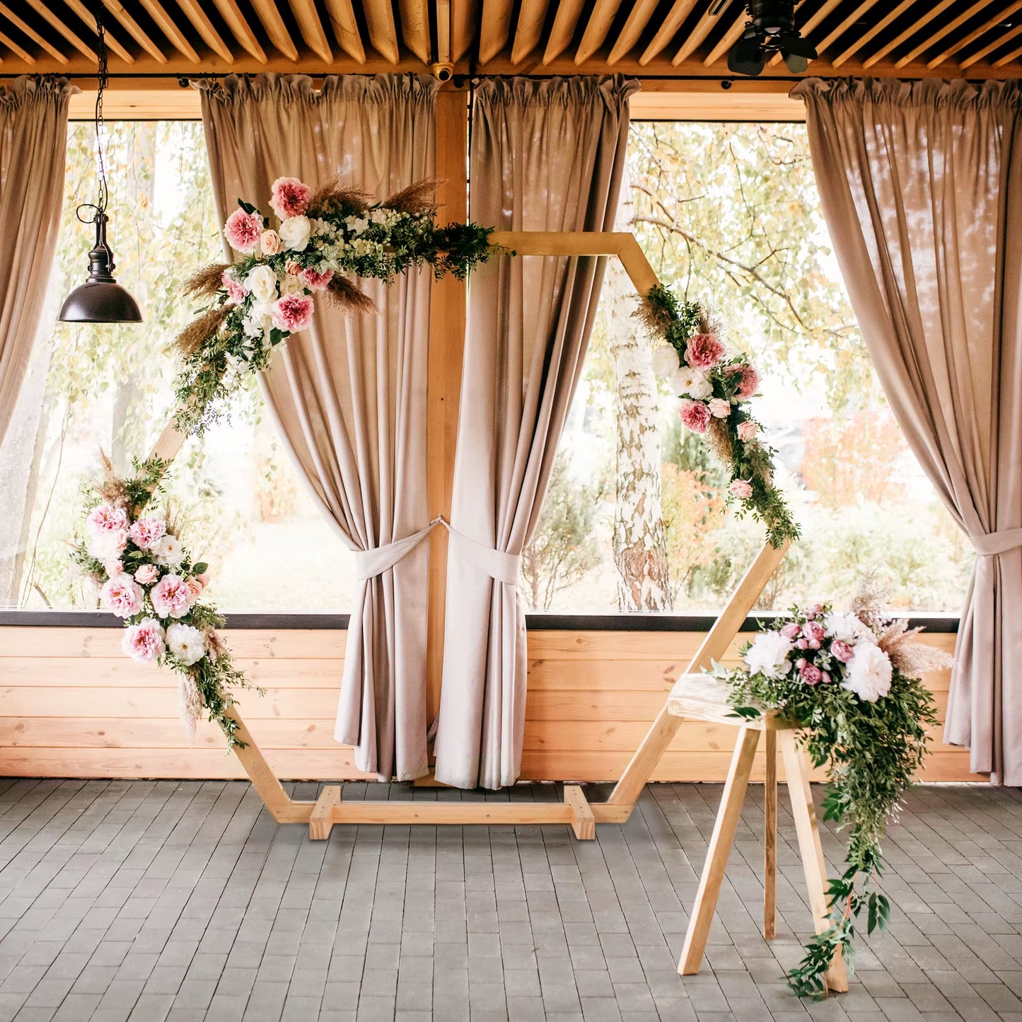 Elegant Hexagonal Wooden Wedding Arch - Perfect Backdrop for Outdoor Ceremonies and Bridal Parties with Floral Garland Support