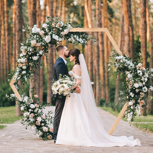 Elegant Hexagonal Wooden Wedding Arch - Perfect Backdrop for Outdoor Ceremonies and Bridal Parties with Floral Garland Support